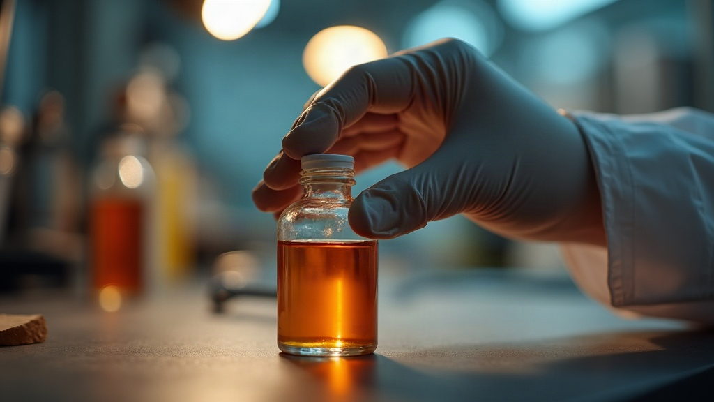 A gloved hand holding a vial of amber coating fluid in a materials lab